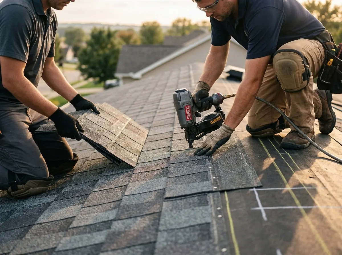 Professional roofer working on a residential roof in Belchertown